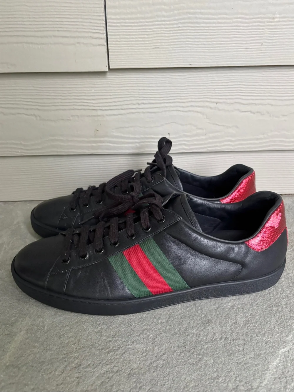 Gucci Ace Black Leather Logo Stripe Sneakers